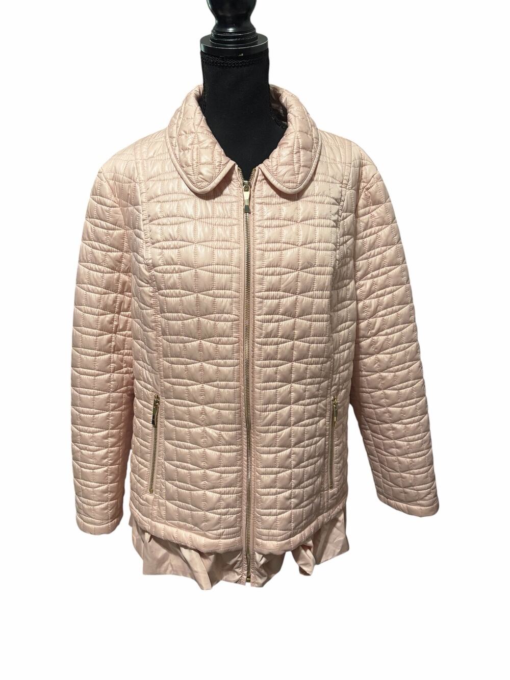 Kate Spade XL Pink Quilted Jacket Ruffle Hem Gold Zip Lightweight Coat